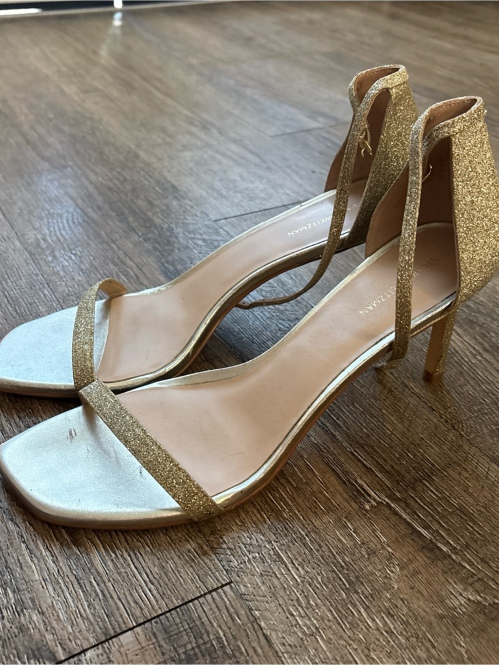 Stuart Weitzman Gold Glitter Open-Toe Ankle-Strap Heels